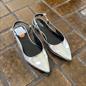 Guess Silver Pointed Toe Slingback Flats